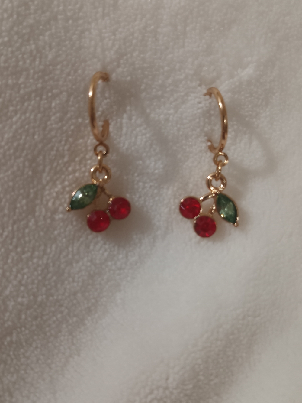 Gold Cherry Drop Earrings with Red and Green Stones